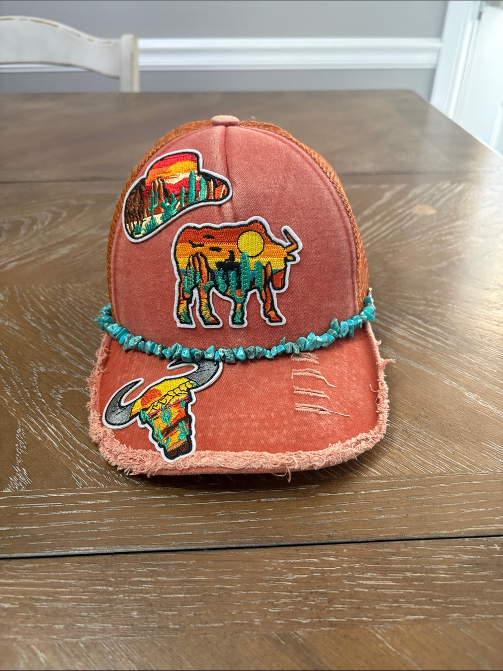 Western Rust Orange Distressed Patch Cap with Turquoise Bead Trim